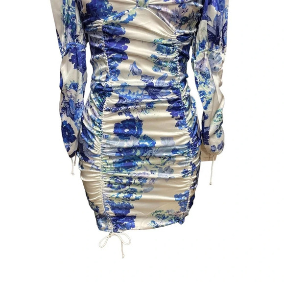 For Love & Lemons Hyacinth Drawstring Ruched Mini Dress Blue White Size XS - Picture 4 of 12